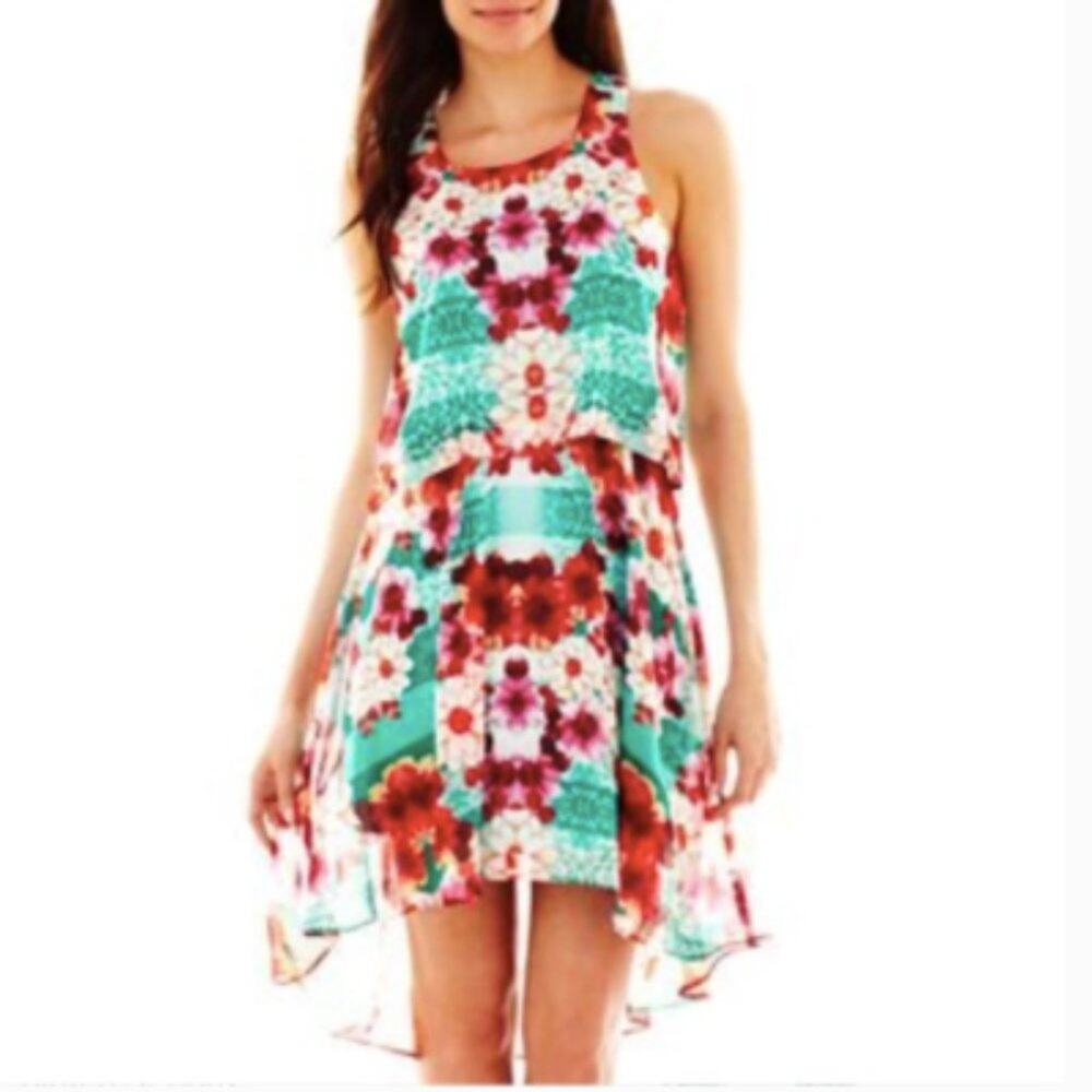 Bisou Bisou Floral Print Turquoise High Low Dress Size 8